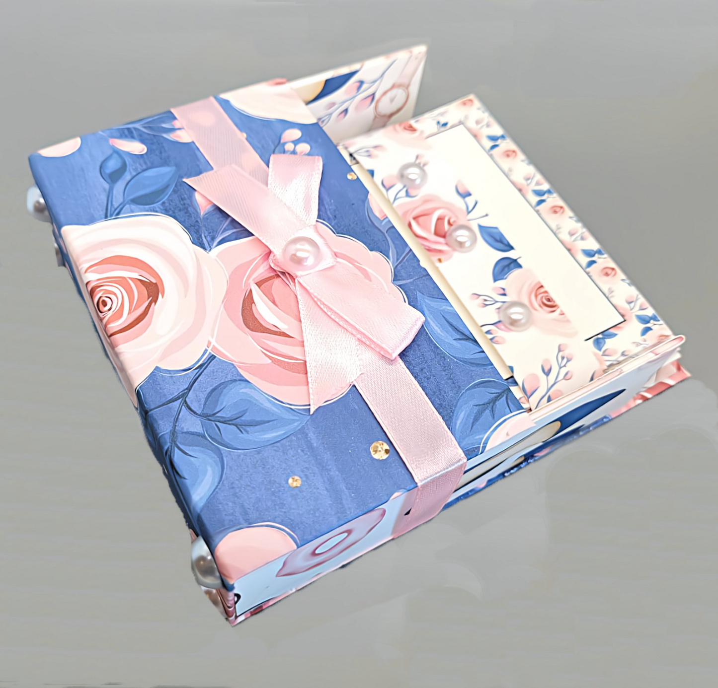 42-Pc Stationery Gift Box Set w/Reusable Desktop Organizer Box and Gold Pen - Pink & Blue Floral Roses