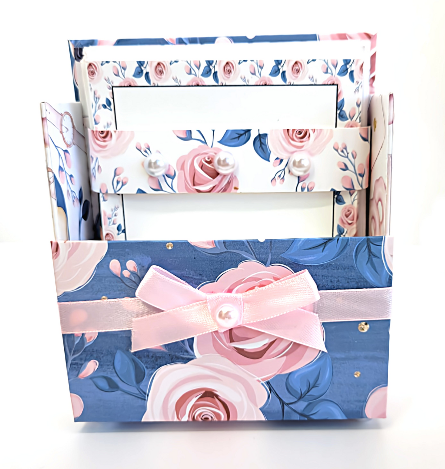 42-Pc Stationery Gift Box Set w/Reusable Desktop Organizer Box and Gold Pen - Pink & Blue Floral Roses