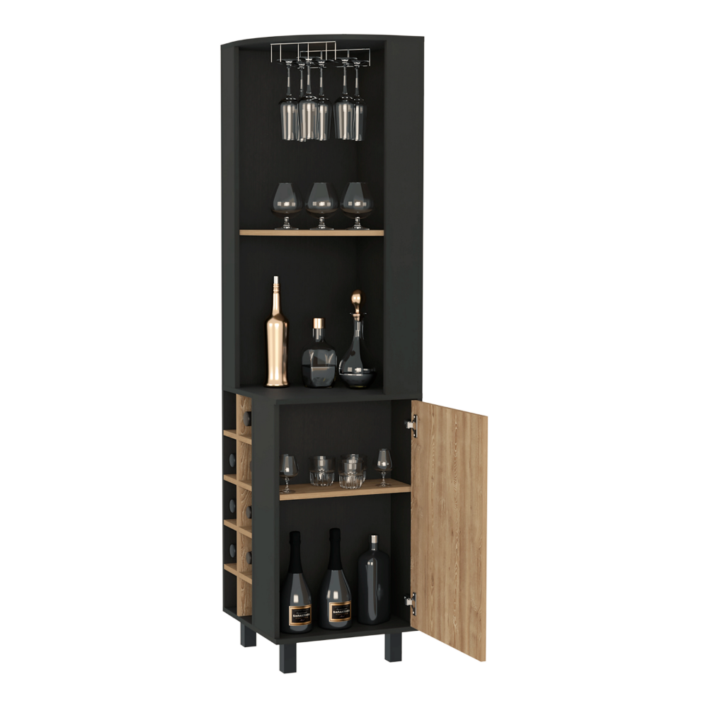 Corner Bar Cabinet Cleveland, Ten Wine Cubbies, Single Door, Black Wengue / Pine Finish