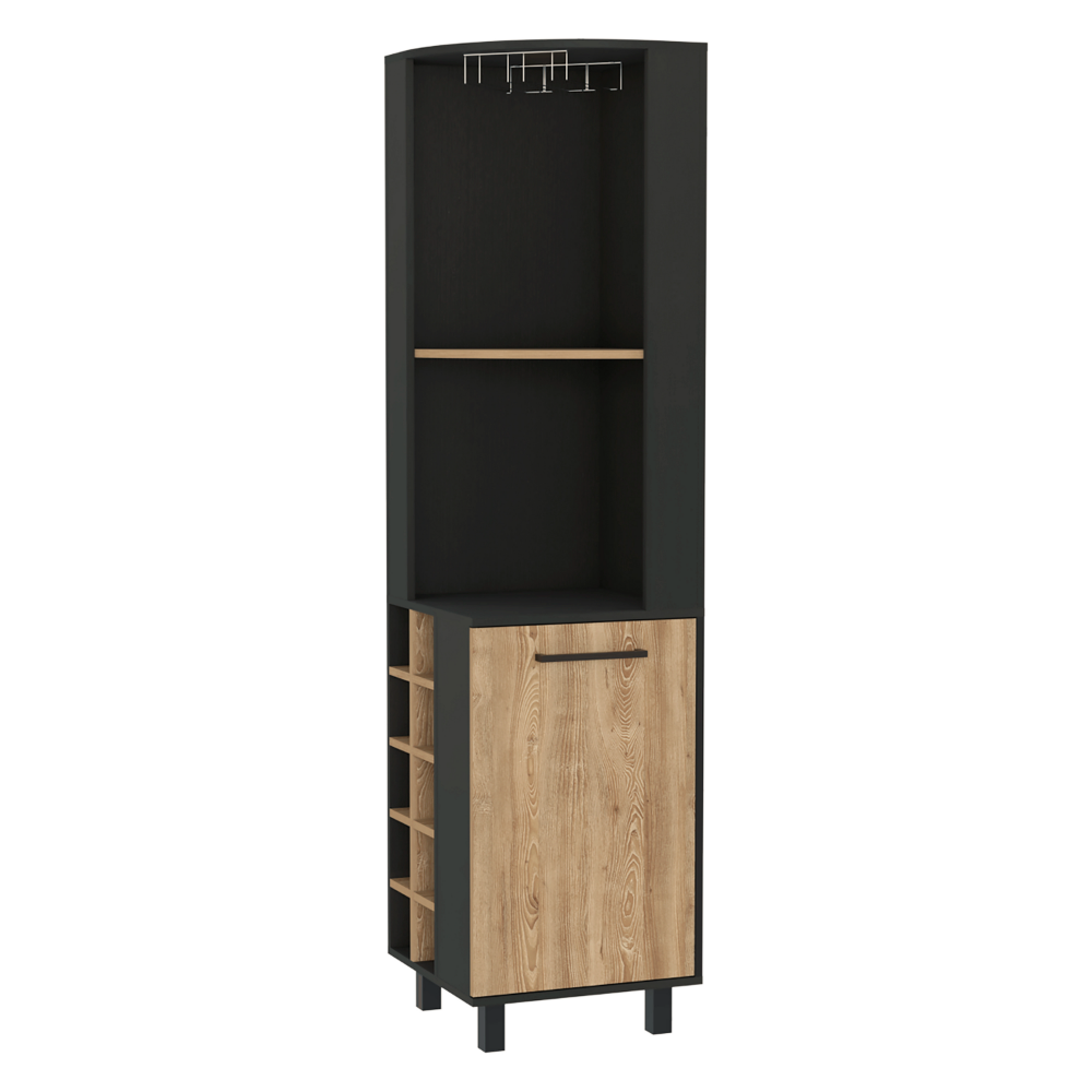 Corner Bar Cabinet Cleveland, Ten Wine Cubbies, Single Door, Black Wengue / Pine Finish