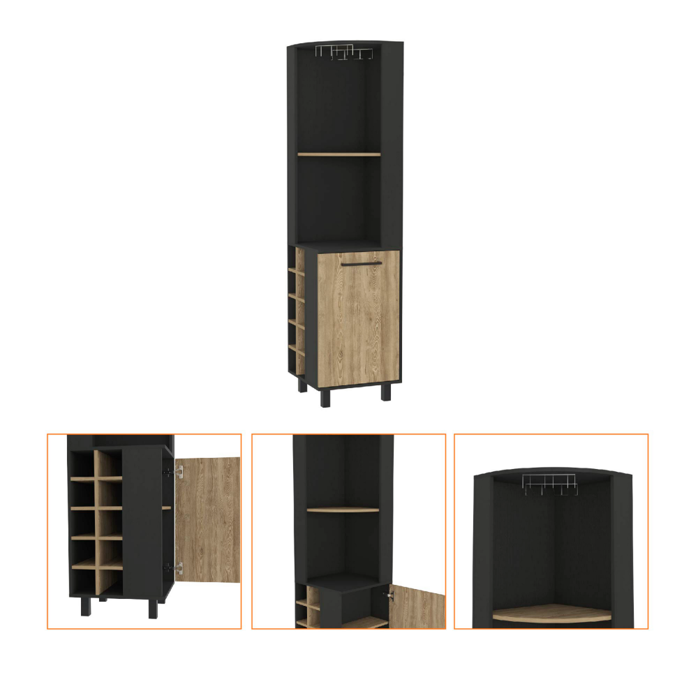 Corner Bar Cabinet Cleveland, Ten Wine Cubbies, Single Door, Black Wengue / Pine Finish