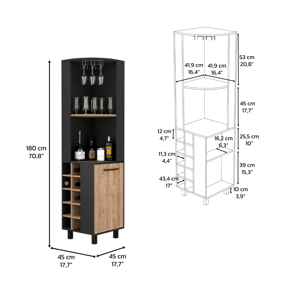 Corner Bar Cabinet Cleveland, Ten Wine Cubbies, Single Door, Black Wengue / Pine Finish